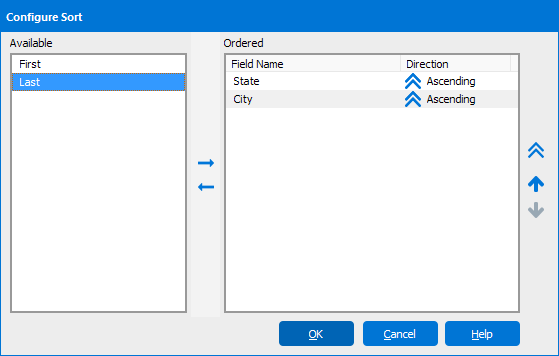 Configure Sort dialog showing last and first names as available fields.  The Ordered list shows that the list is currently being sorted first by State (ascending) and then by city (ascending).